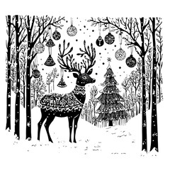 Fototapeta premium Glittery Reindeer and Christmas Tree in a Snowy Forest