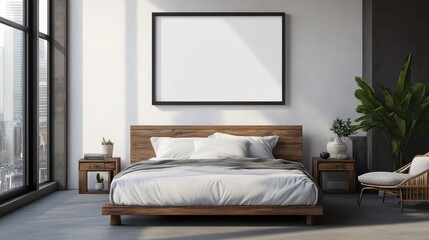 Contemporary bedroom with an empty picture frame.