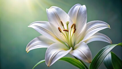 A close-up of a single lily flower with a pure white color and intricate details, petals, flower still life, detail shots, lily