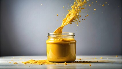 A close-up of yellow mustard leaking from a broken jar into the air, droplets, condensation, pungent, mess, fragrance