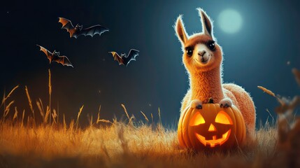 A cute llama holding a jack-o'-lantern in a field with bats flying overhead under a full moon.