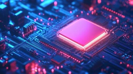 Obraz premium A close-up view of a glowing microprocessor on a circuit board, showcasing technology design.