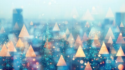 Abstract pattern of colorful triangles and circles over a blurred urban background.