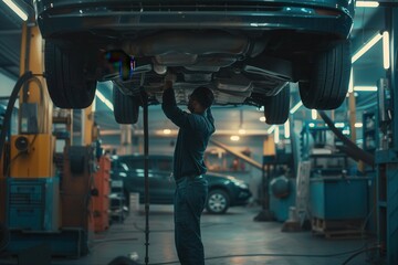 A skilled mechanic is performing maintenance on a vehicle raised on a hoist in a well-lit auto repair shop during the evening. Generative AI