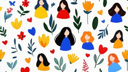 Colorful illustration of women and plants on white background