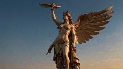 Fototapeta premium Sculpt Nike, the goddess of victory, holding wings of triumph, standing on the high ground of a battlefield victory, set against dawn and banners of glory, symbolizing the power of victory and honor.