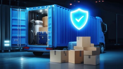 Delivery truck with packages, illuminated by a secure shield symbol, isolated background.