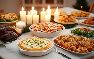 Beautifully arranged festive dinner table with various delicious dishes and candles illuminating the scene.