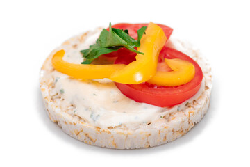Vegan Rice Cake Sandwich with Fresh Tomato, Yellow Paprika and Greens - Isolated on White Background. Vegetarian Diet Food. Quick and Healthy Sandwiches. Crispbread with Fresh Fillings. Dietary Snack