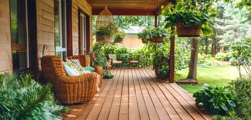 Suburban wraparound porch adorned with plants and wicker, showcasing a bungalow's charm.