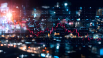 Digital stock market analysis over city skyline at night