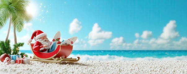 Santa Claus relaxing on a beach with a sleigh and palm trees in the background.