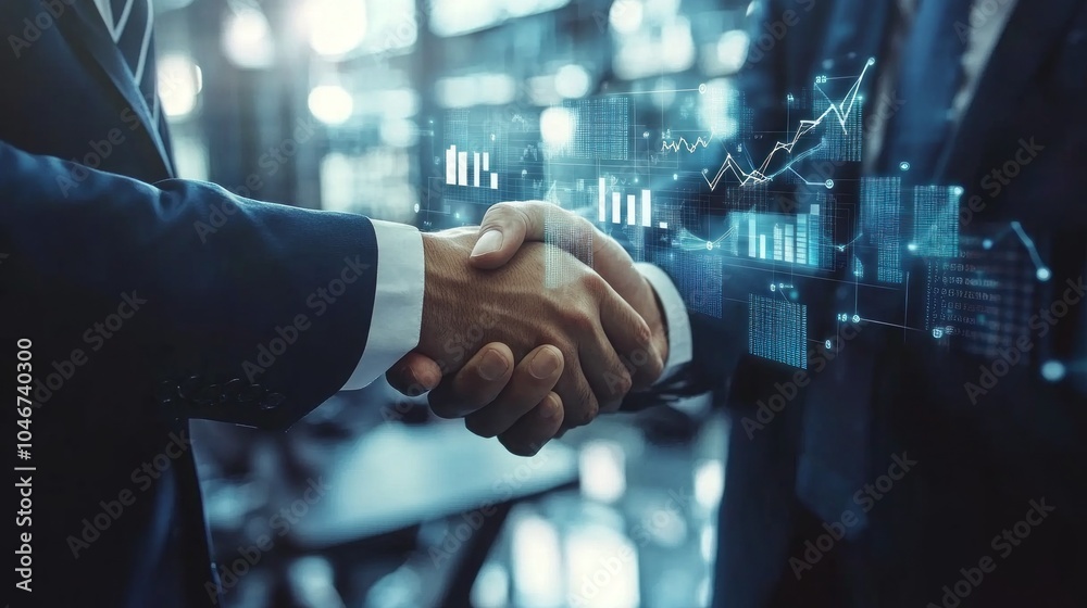 Poster two men shake hands in front of a computer screen with a city view