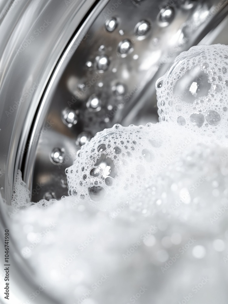 Poster A close-up view of a washing machine drum shows white towels submerged in soap bubbles, indicating a laundry cycle in progress. Generative AI