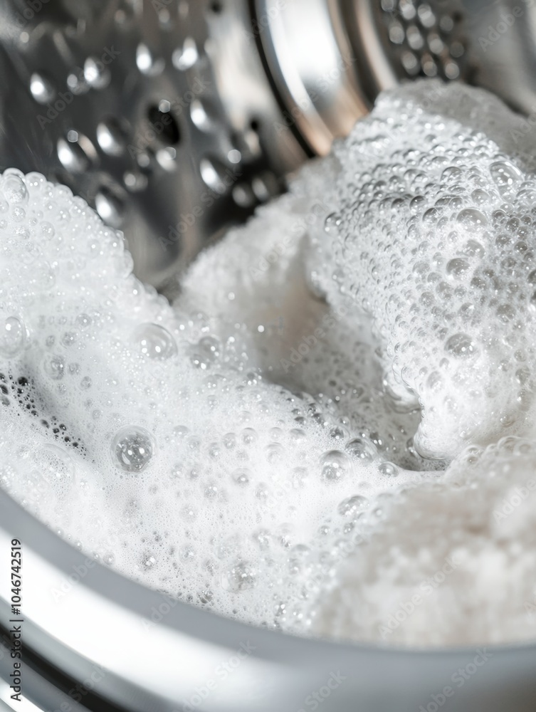 Poster the washing machine drum is packed with white towels, bubbles forming as they agitate in soapy water