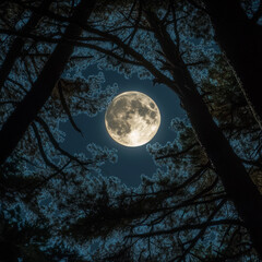 Naklejka premium Beneath the trees, the moonlight filters through, casting a serene glow on the forest. A magical night in nature's embrace.