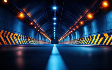 Illuminated tunnel with blue lights and yellow caution stripes, creating a mysterious atmosphere.