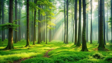 Obraz premium A misty forest landscape with tall trees and a carpet of green grass underfoot, foggy forest, misty environment, forest floor