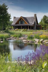 Obraz premium Suburban residence blending into rural settings with a natural pond and meadows.