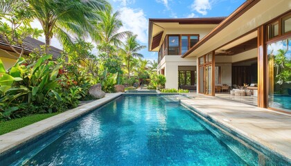 Fototapeta premium Lush green garden and tropical pool at a suburban villa emphasize luxury.