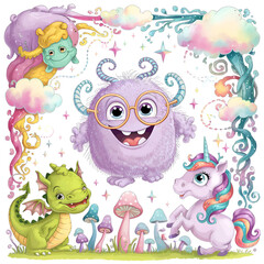 Obraz premium cutest funny different monsters, unicorn and elfs at white background. Digital illustration. Ai generated
