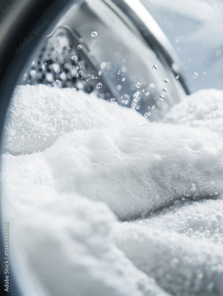 Poster the washing machine drum showcases soft white towels soaking in soapy water, preparing for a refresh