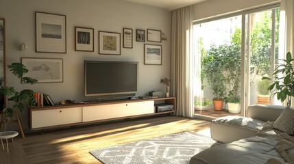 Fototapeta premium Cozy living room with a blank TV stand