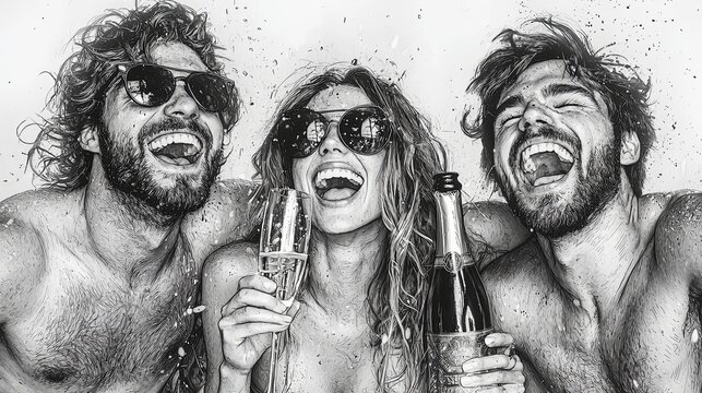 Three friends, full of life, exude joy and excitement, as they raise their glasses to toast, capturing the essence of celebration and exuberance.
