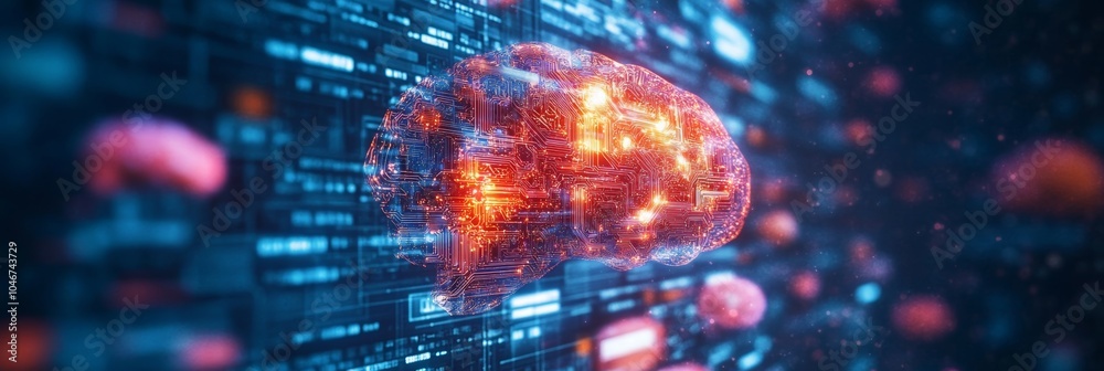 Poster glowing digital brain artificial intelligence, machine learning, and neural networks in cyberspace.
