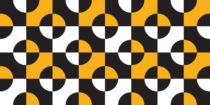 Seamless geometric pattern of black, orange and white quarter circles. Perfect for printing, design and textiles