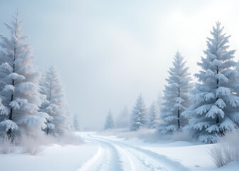 Fototapeta premium White trees against winter snow backdrop features a beautiful Christmas art design with intricate borders.