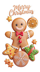 Fototapeta premium Merry Christmas gingerbread man 3d with decorative cookies and holiday elements for Christmas celebrations and seasonal