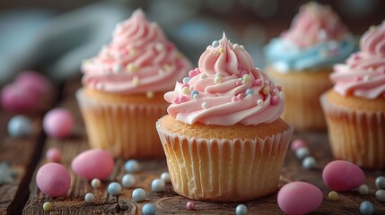Colorful cupcakes with pink frosting and sprinkles decoration