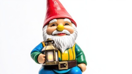 Obraz premium A colorful garden gnome holding a lantern, perfect for bringing a whimsical touch to your outdoor decor.