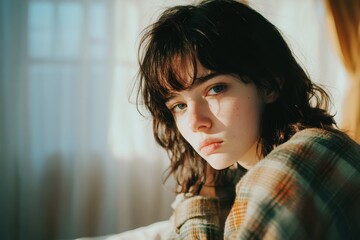 young woman with thoughtful expression sitting by window in warm natural light, wearing casual plaid shirt - Powered by Adobe