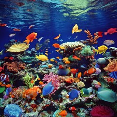Fototapeta premium Thriving Coral Reef Ecosystem Teeming with Colorful Tropical Fish, Vibrant Underwater Scene.