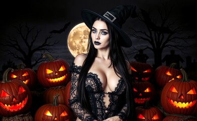 A beautiful witch in black, surrounded by glowing carved pumpkins, stands under a full moon with flying bats, creating a haunting Halloween ambiance.
