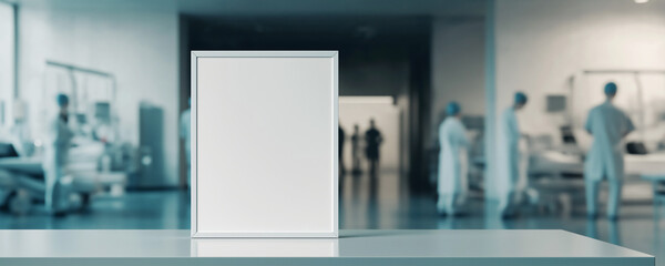 White, blank poster frame in the foreground, with medical professionals blurred out behind it. The background is a bright hospital room.