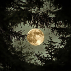 Naklejka premium Beneath the trees, the moonlight filters through, casting a serene glow on the forest. A magical night in nature's embrace.