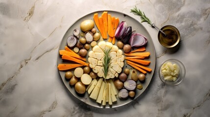 Overhead image of a wholesome dinner with artichoke,