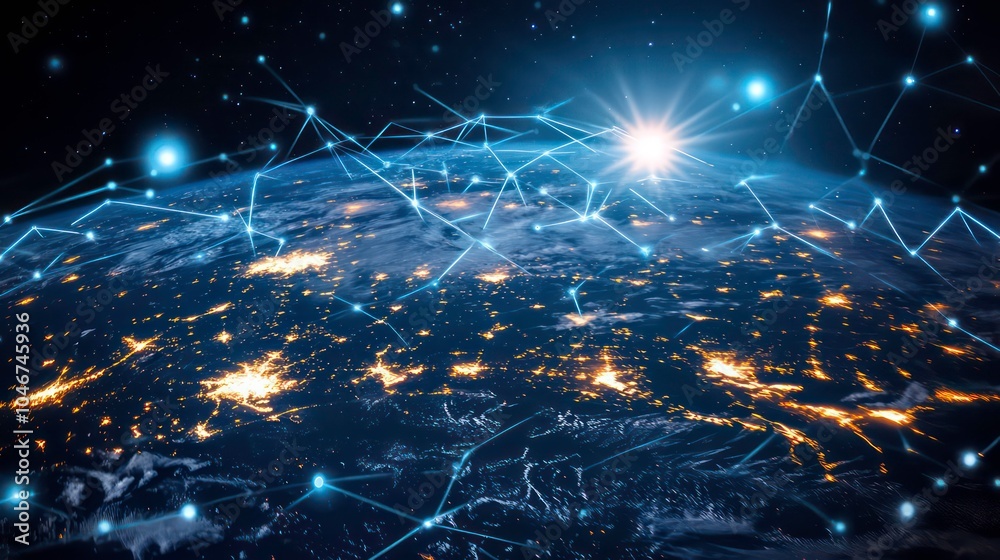 Poster A glowing network of interconnected lines and dots surrounding the Earth, representing global communication and connection.