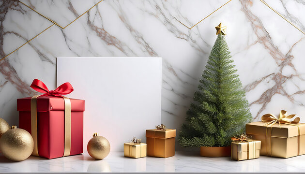 White marble background features Christmas gifts and a festive Xmas greeting card for h_1(860)