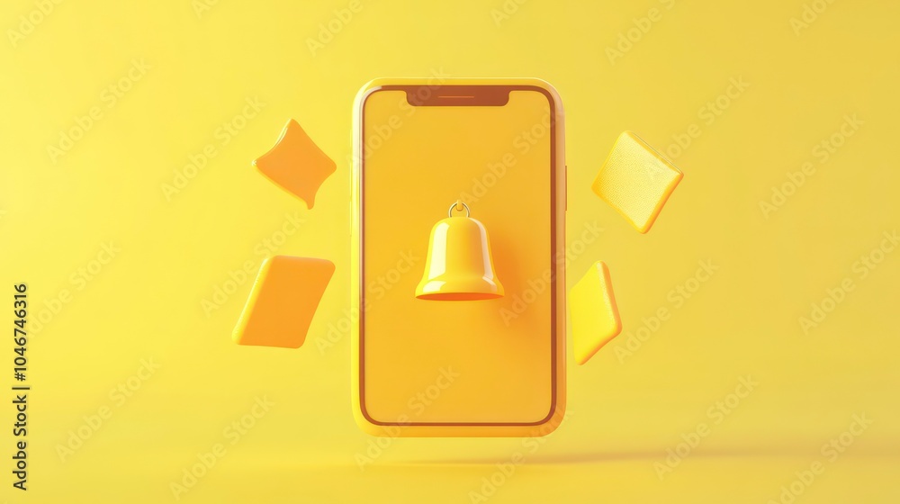 Leinwandbilder a 3d rendering of a smartphone with a notification bell on a yellow background.