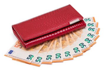 Red Leather Women Purse with Fifty Euro Banknotes - Isolated on White Background. A Wallet Full of 50 Euro Paper Money Symbolizing Wealth, Success and Social Status - Isolation
