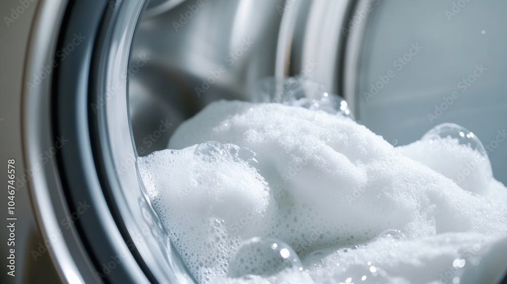 Poster A washing machine drum is packed with fresh white towels surrounded by frothy bubbles, indicating a wash in progress. Generative AI