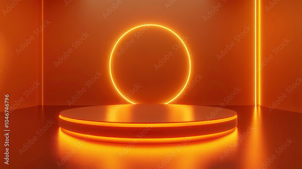 Poster A glowing orange neon circle and a round platform with a bright orange glow in an empty room.