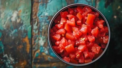 A close-up overhead shot of a can of diced tomatoes.
