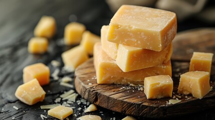 Sliced parmesan cheese cubes on rustic wooden board