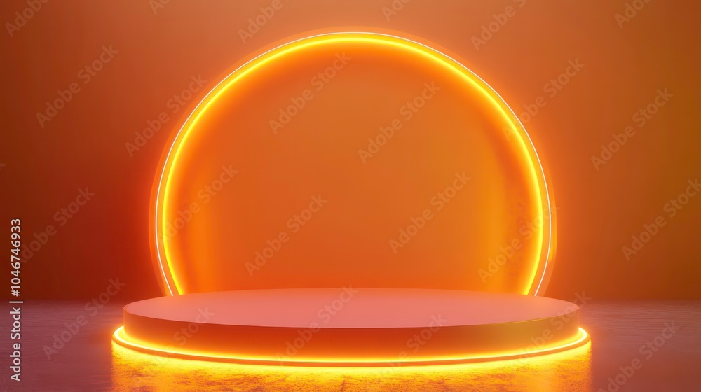 Poster Abstract orange neon circle with podium and glowing lines on a dark background.