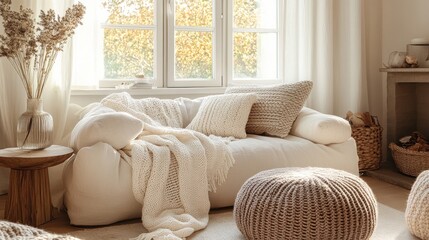 Fototapeta premium Cozy living room with knitted pillows